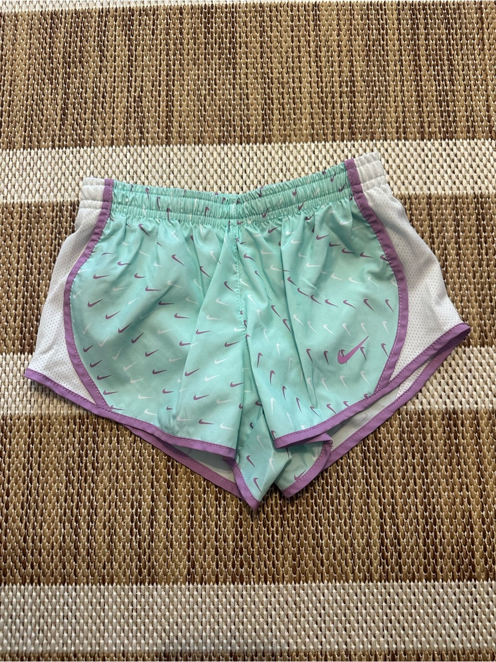 Nike Mint Green Athletic Shorts with Purple Trim and Swoosh Print